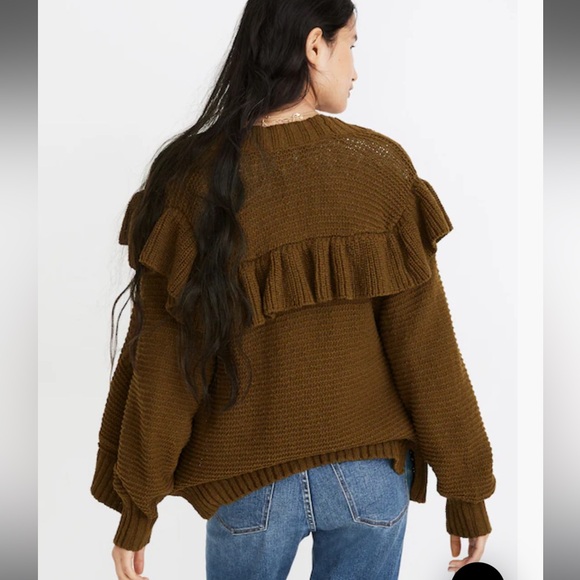 •  Madewell • Women’s Ruffle Cardigan Sweater Golden Spinach / Green/Brown XS - Picture 2 of 4